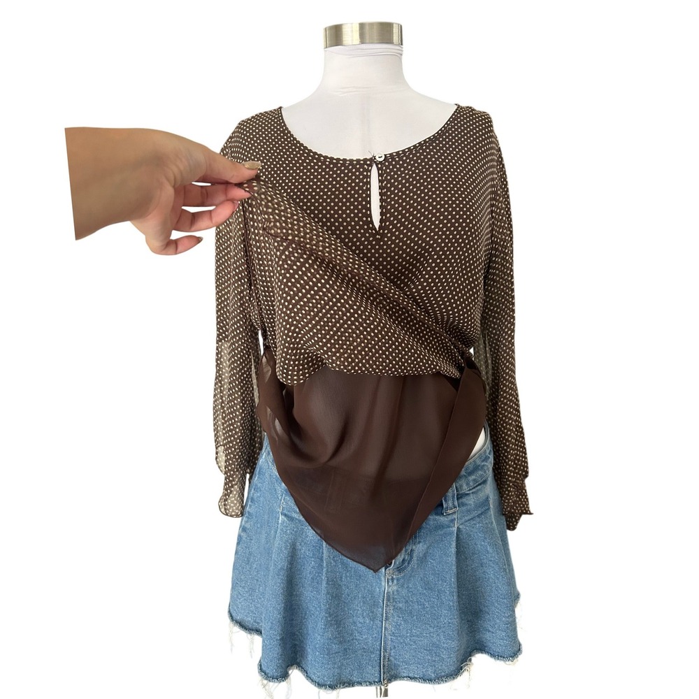 Vintage 100% Silk Blouse PL Brown Polka Dot Handkerchief Hem Oversized Poncho - Picture 3 of 6
